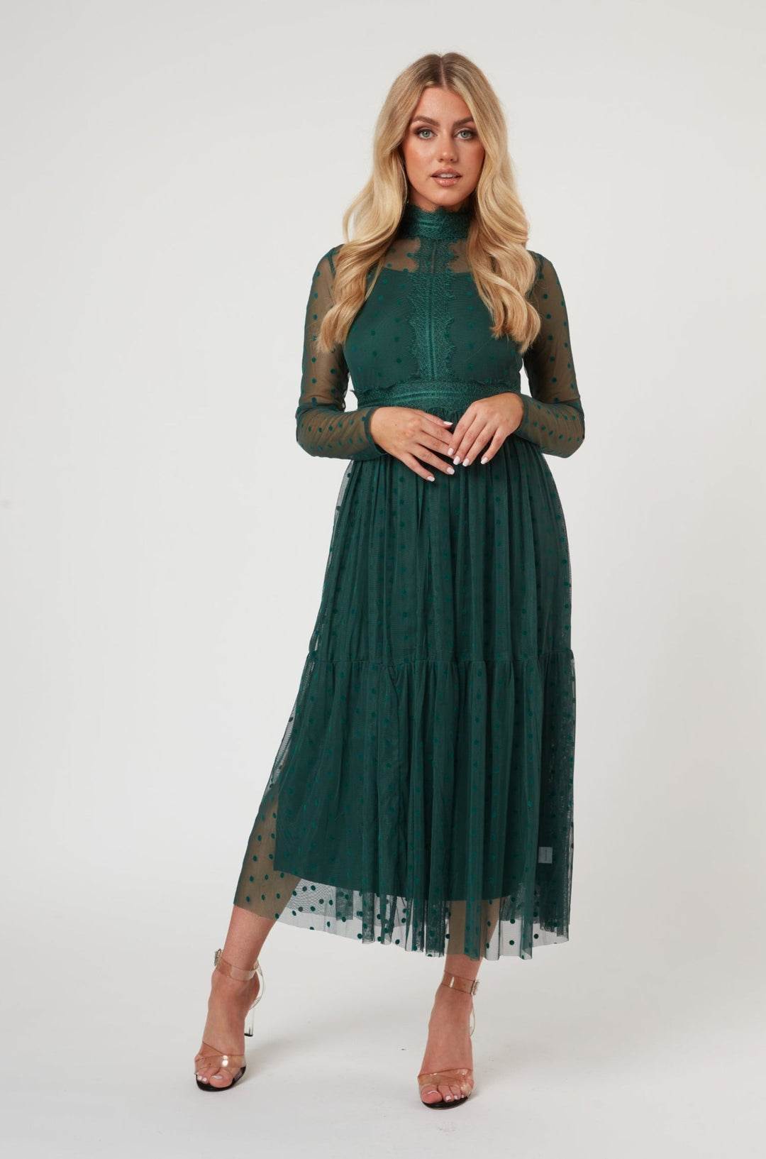 Roman Lola Polka Dot Tulle Midi Dress in Green