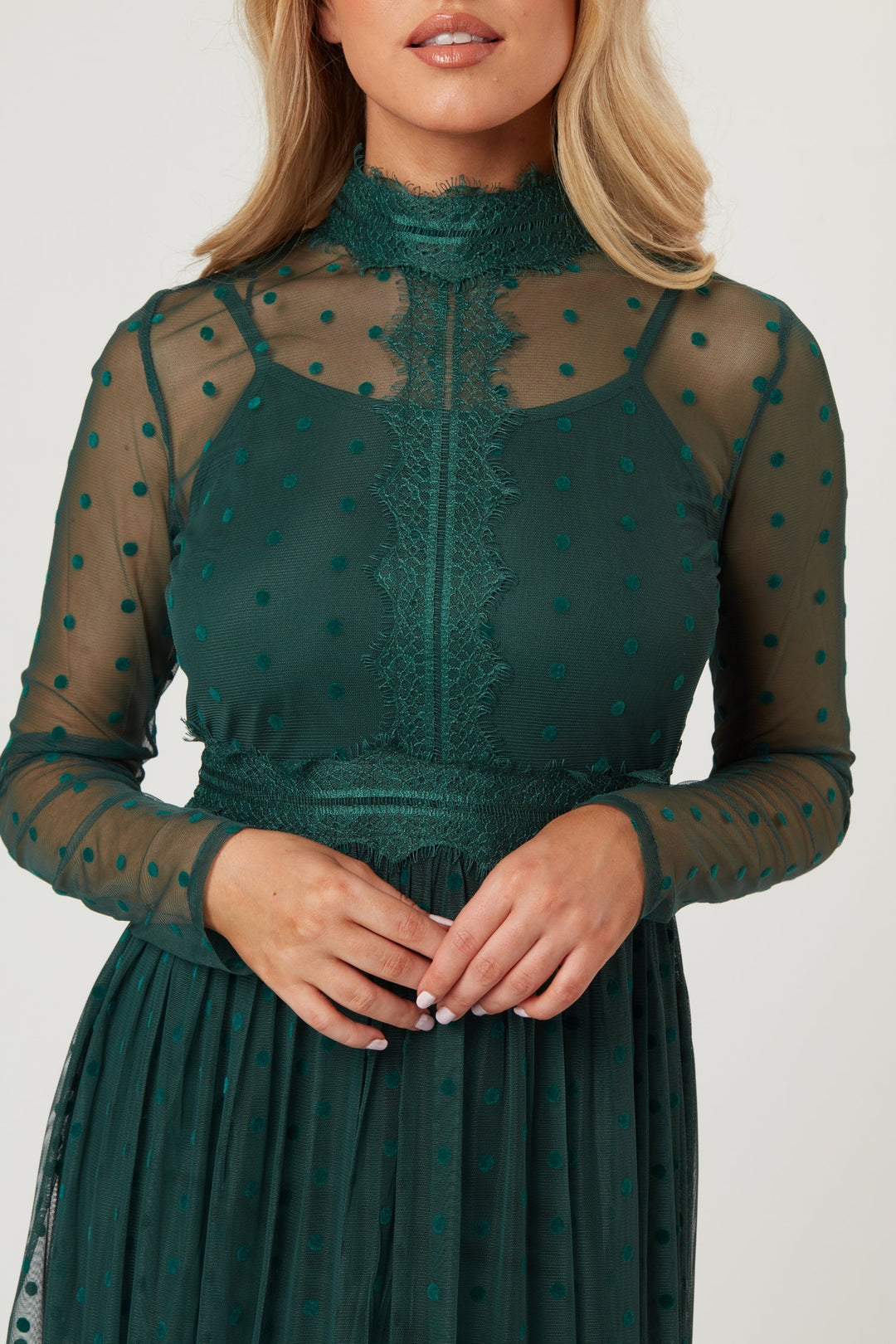 Roman Lola Polka Dot Tulle Midi Dress in Green — gallery