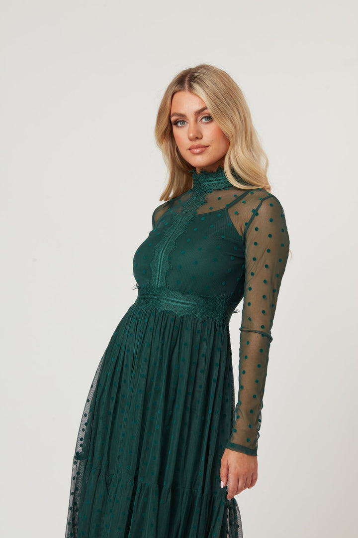 Roman Lola Polka Dot Tulle Midi Dress in Green — gallery
