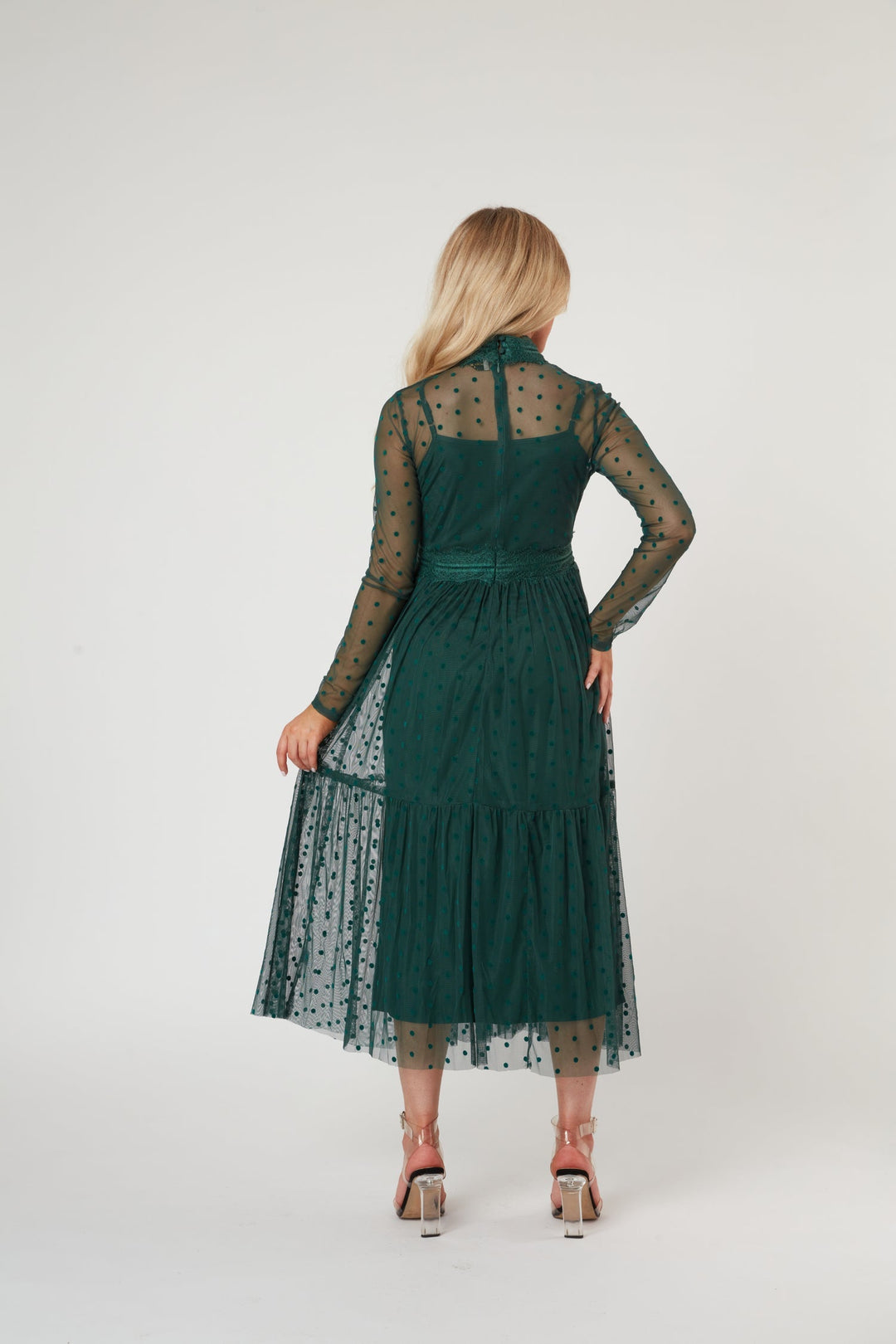 Roman Lola Polka Dot Tulle Midi Dress in Green — gallery