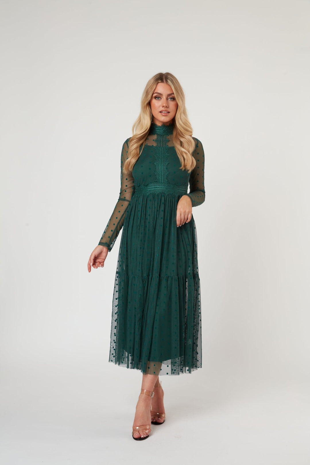 Roman Lola Polka Dot Tulle Midi Dress in Green — gallery