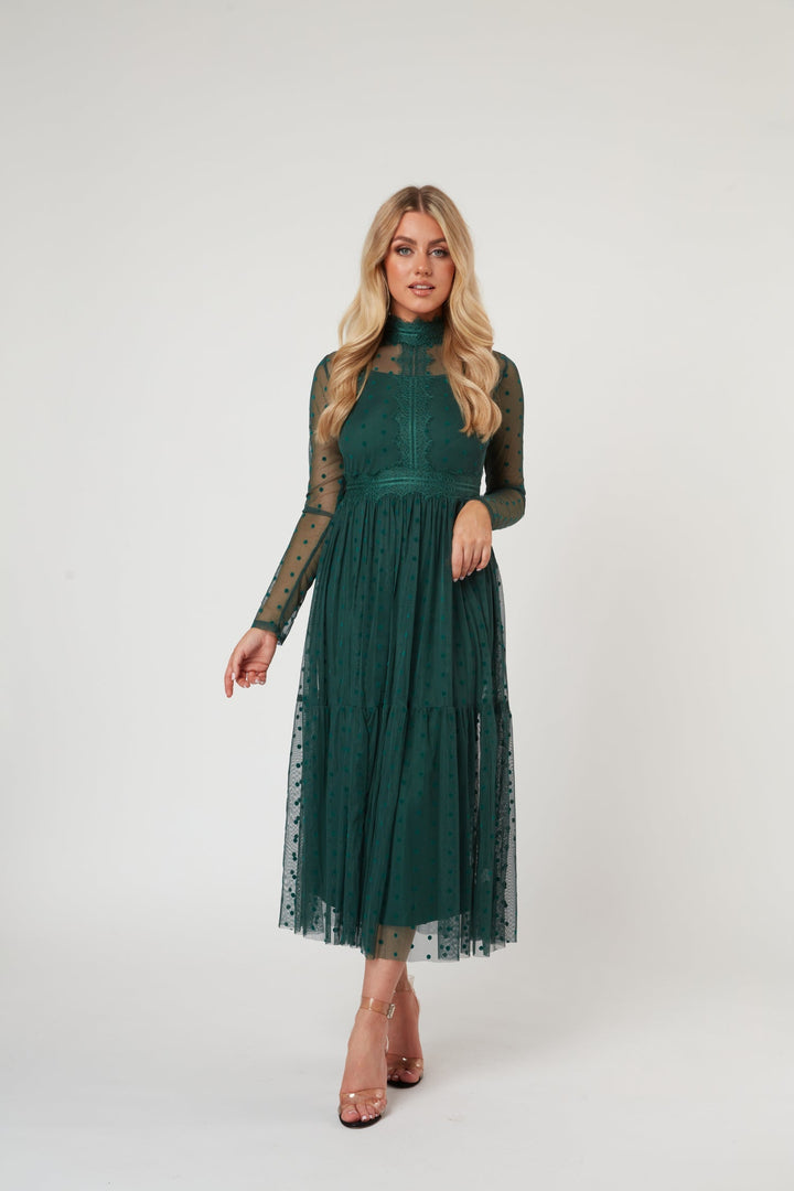 Roman Lola Polka Dot Tulle Midi Dress in Green — gallery