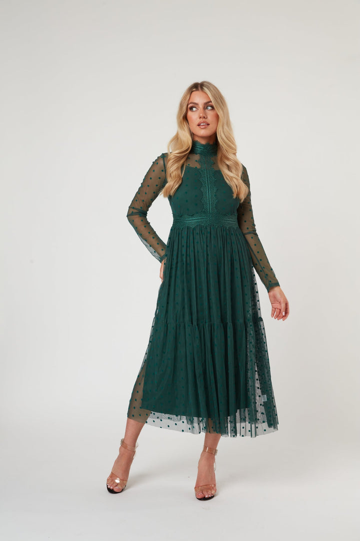 Roman Lola Polka Dot Tulle Midi Dress in Green — gallery