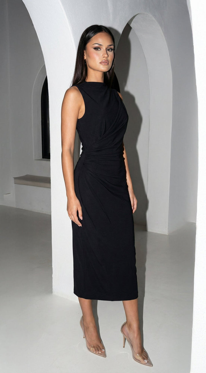 Stockholm Draped Black Midi Dress - Black — gallery