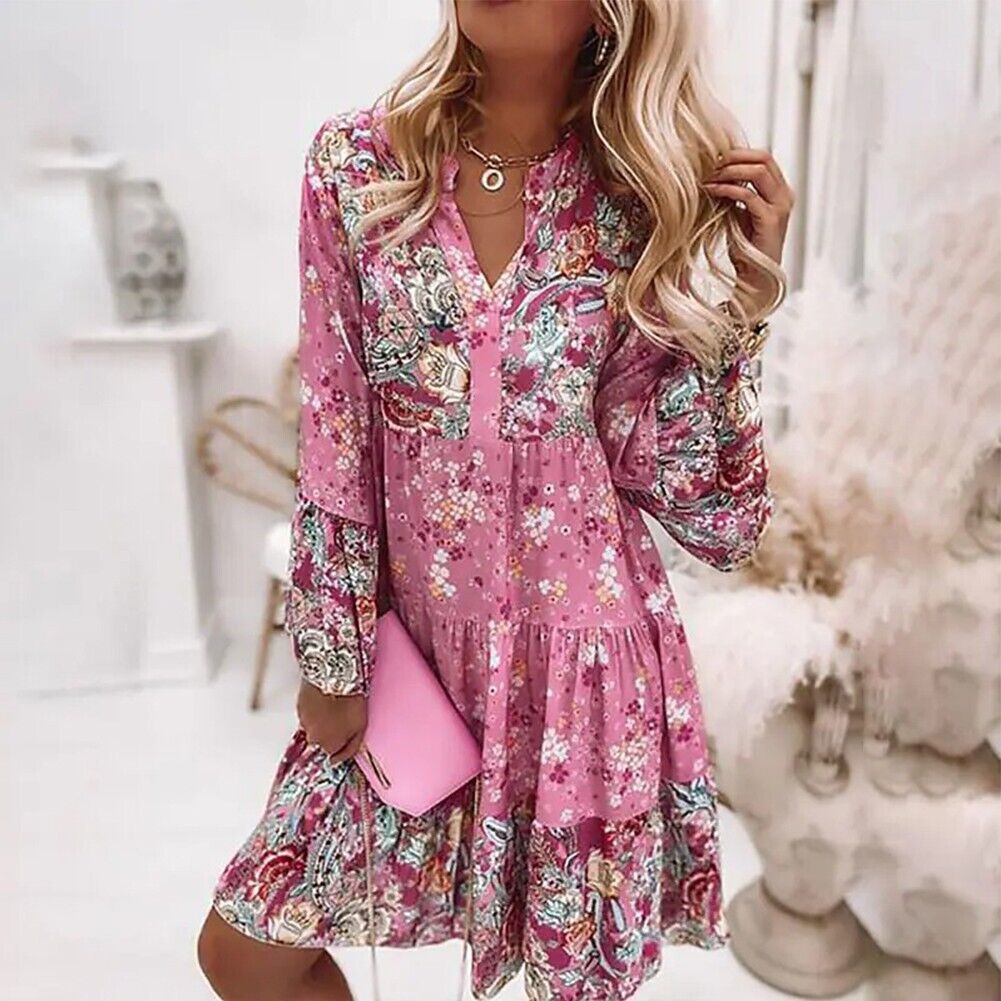 Bohemian Floral Midi Dress with Gathered Waistline