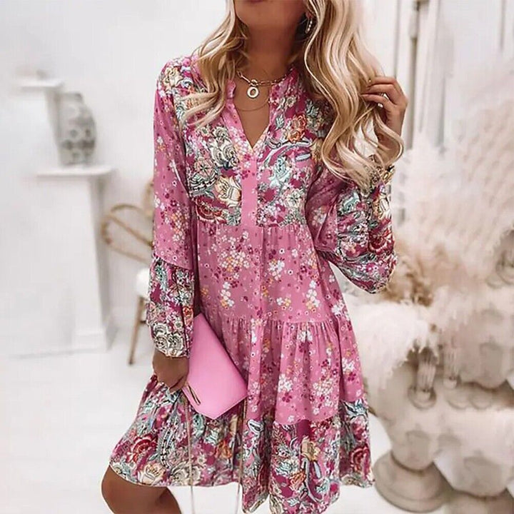 Bohemian Floral Midi Dress with Gathered Waistline