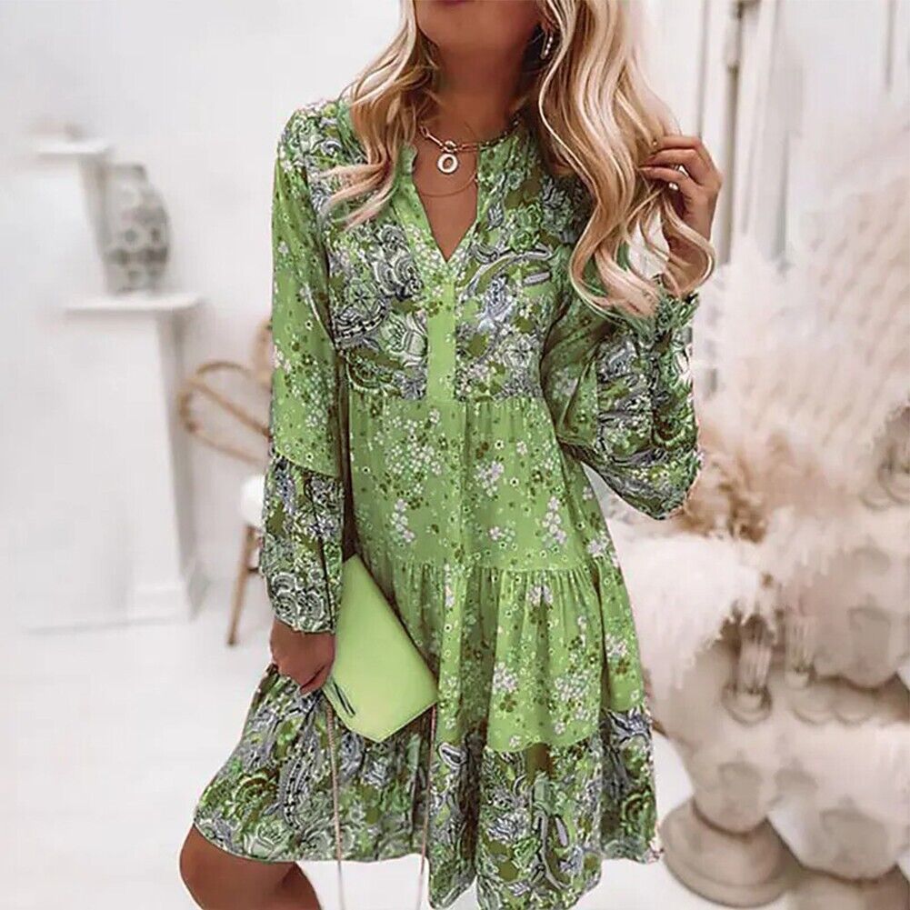 Bohemian Floral Midi Dress with Gathered Waistline