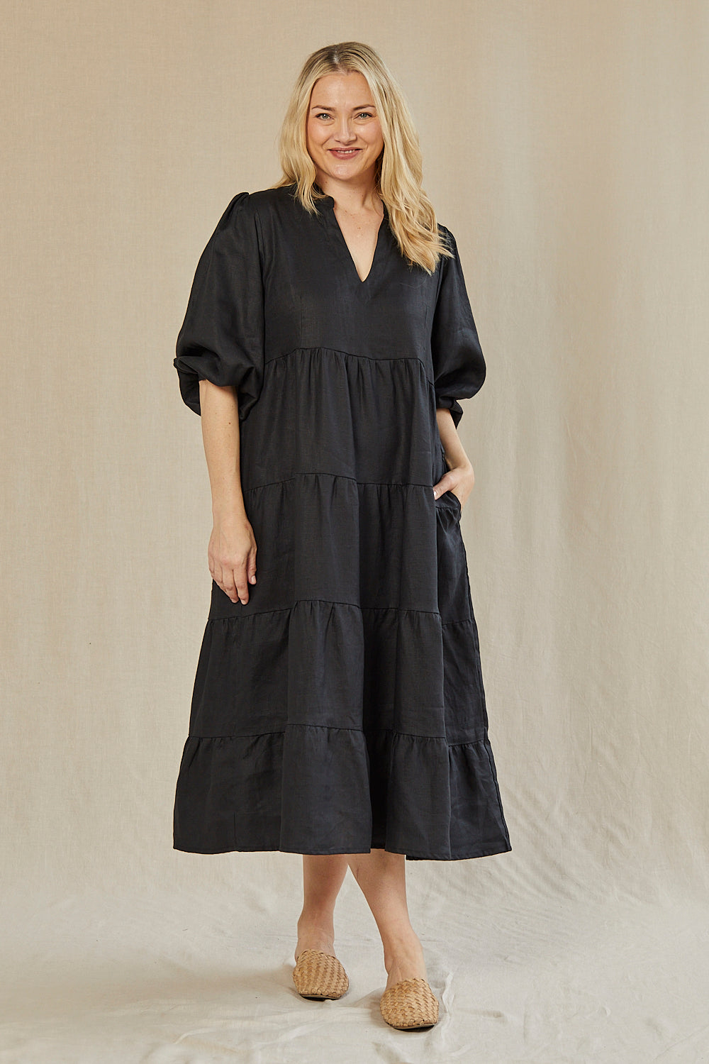 Sabre Linen V-Neck Dress in Black — gallery