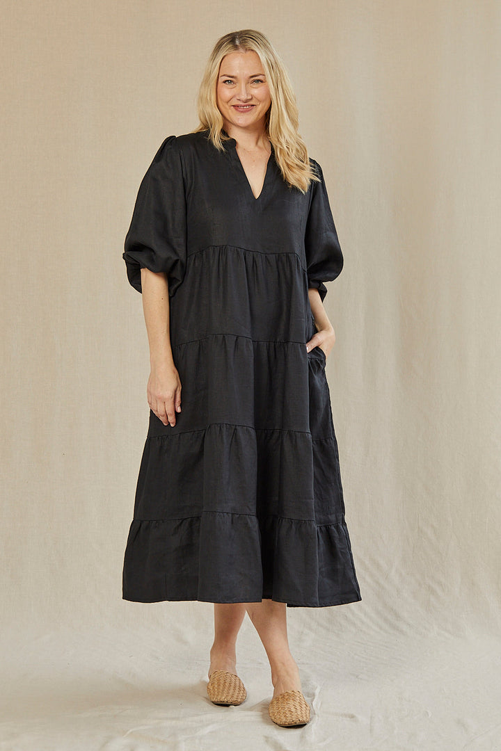 Sabre Linen V-Neck Dress in Black — gallery