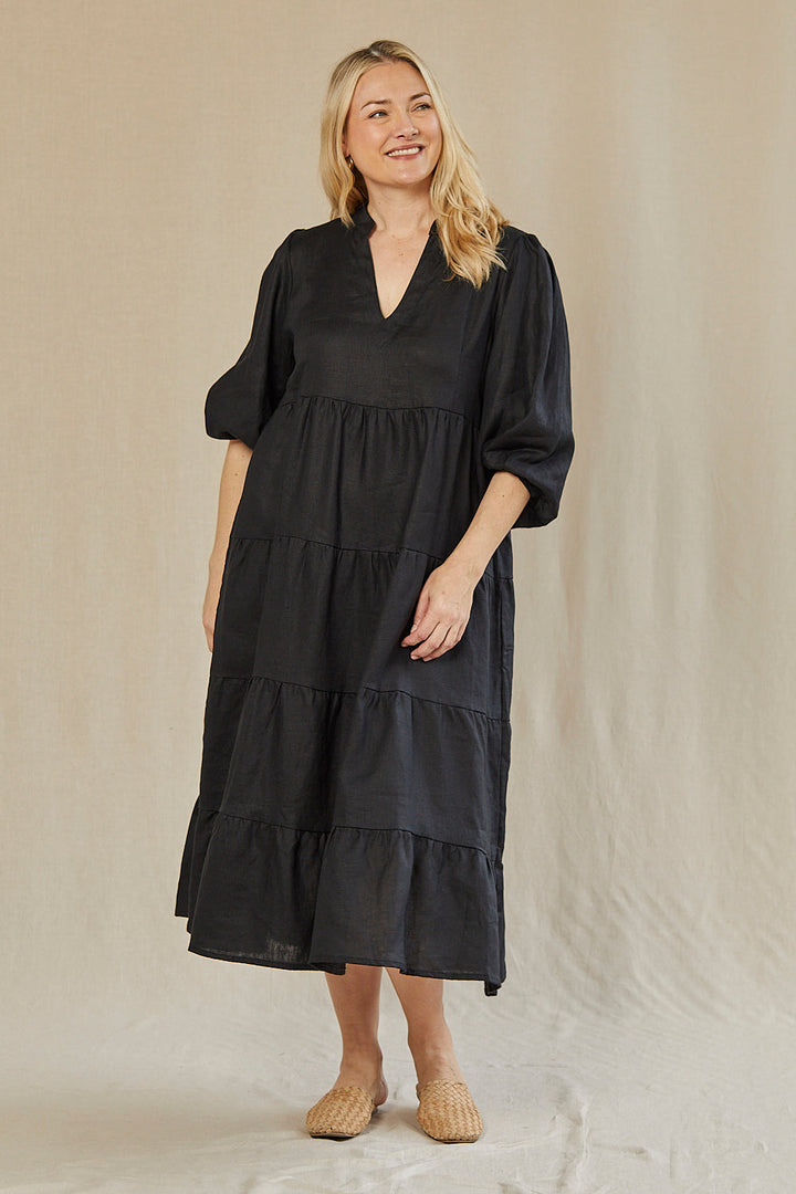 Sabre Linen V-Neck Dress in Black — gallery