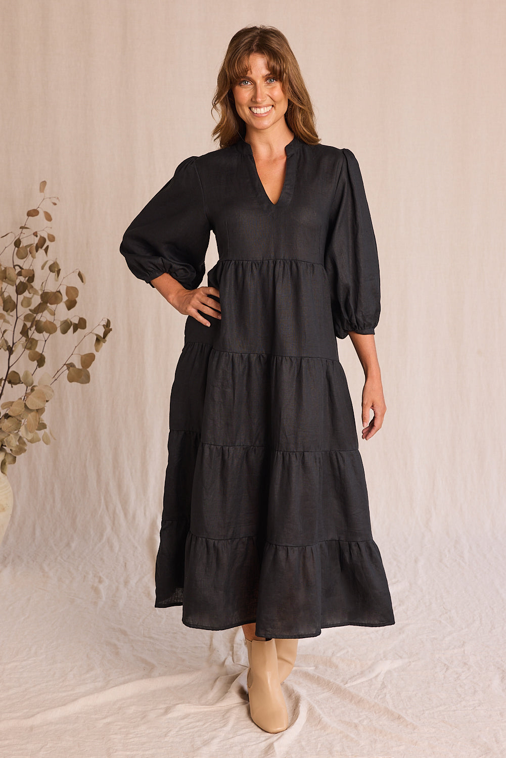 Sabre Linen V-Neck Dress in Black — gallery