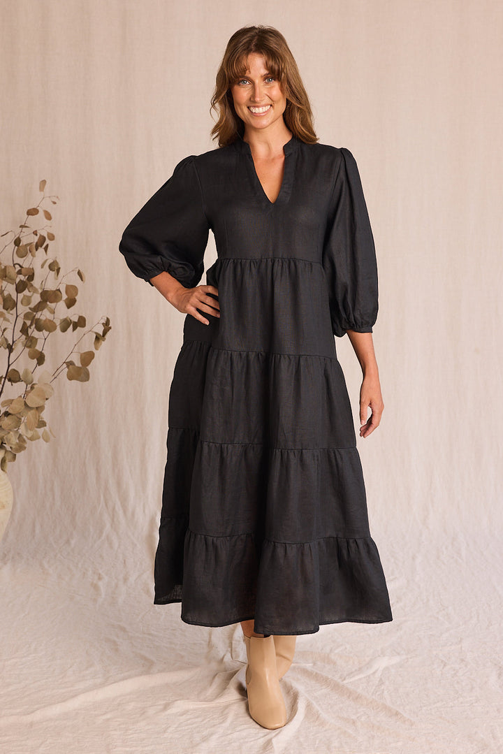 Sabre Linen V-Neck Dress in Black — gallery