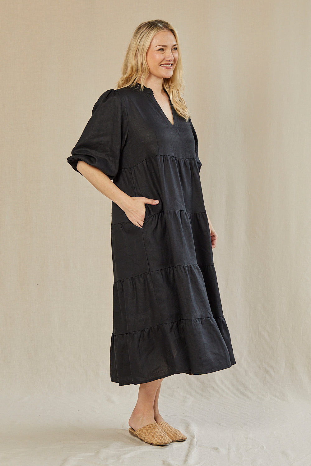 Sabre Linen V-Neck Dress in Black — gallery