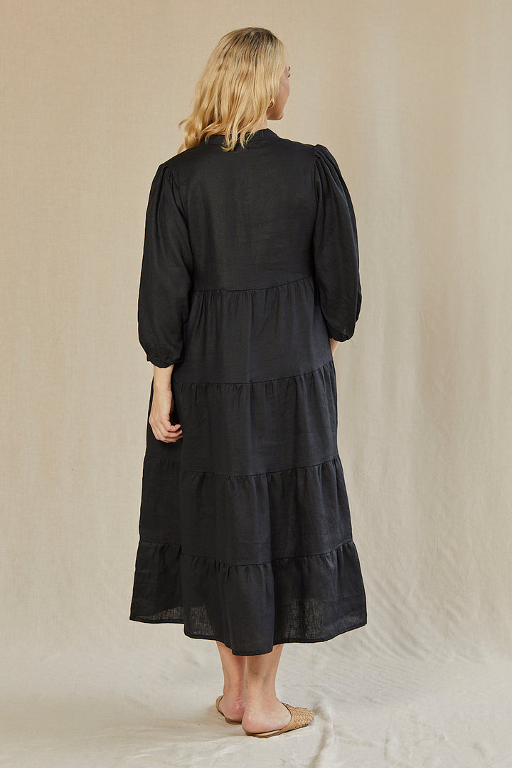 Sabre Linen V-Neck Dress in Black — gallery