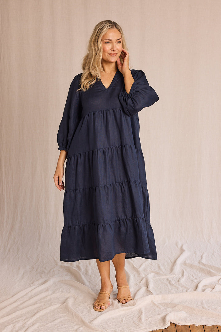 Sabre Linen V-Neck Dress in Navy — gallery