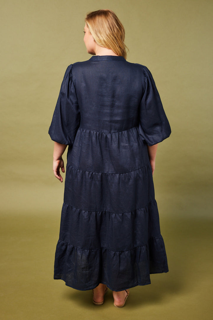 Sabre Linen V-Neck Dress in Navy — gallery
