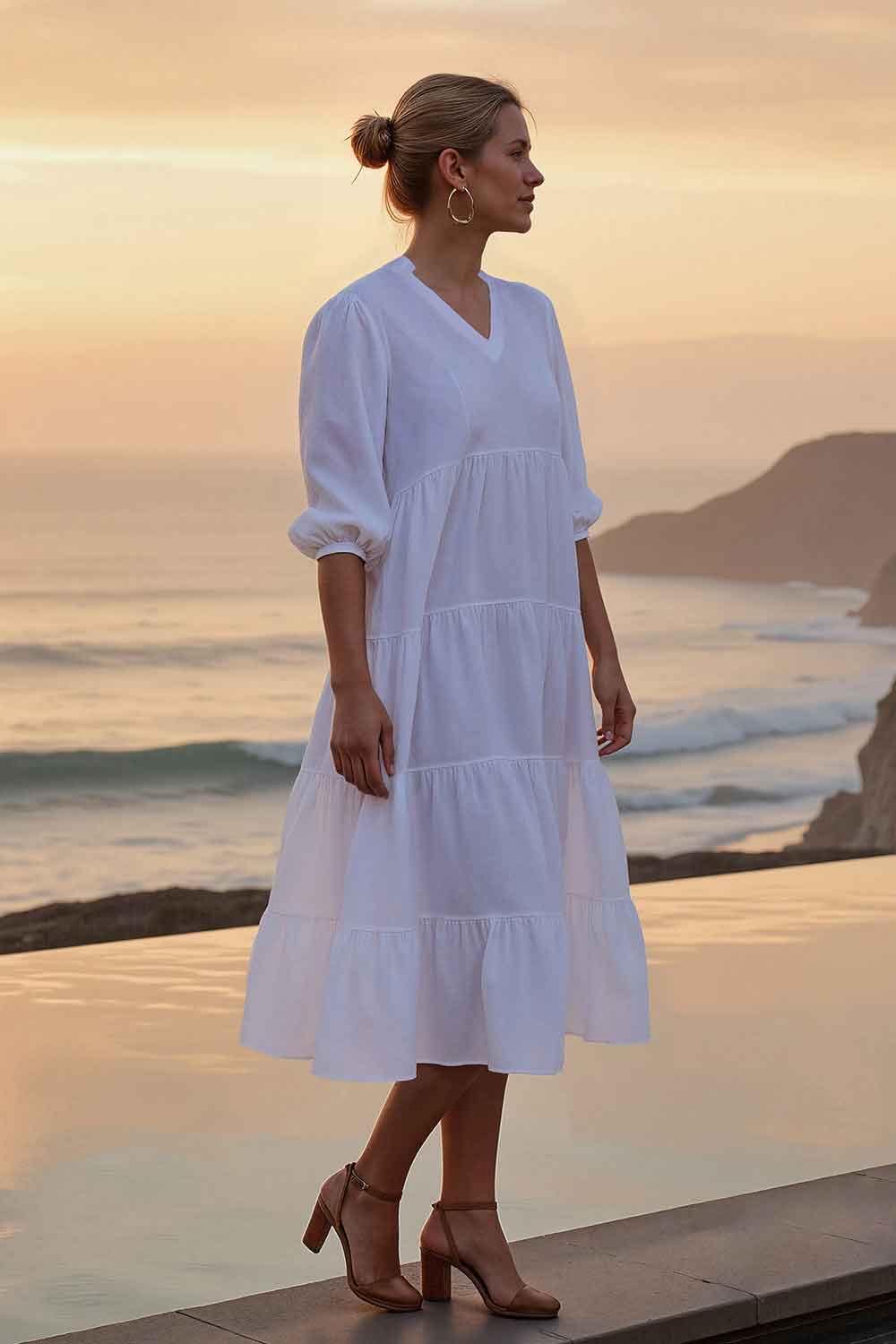 Sabre Linen V-Neck Dress in White — gallery