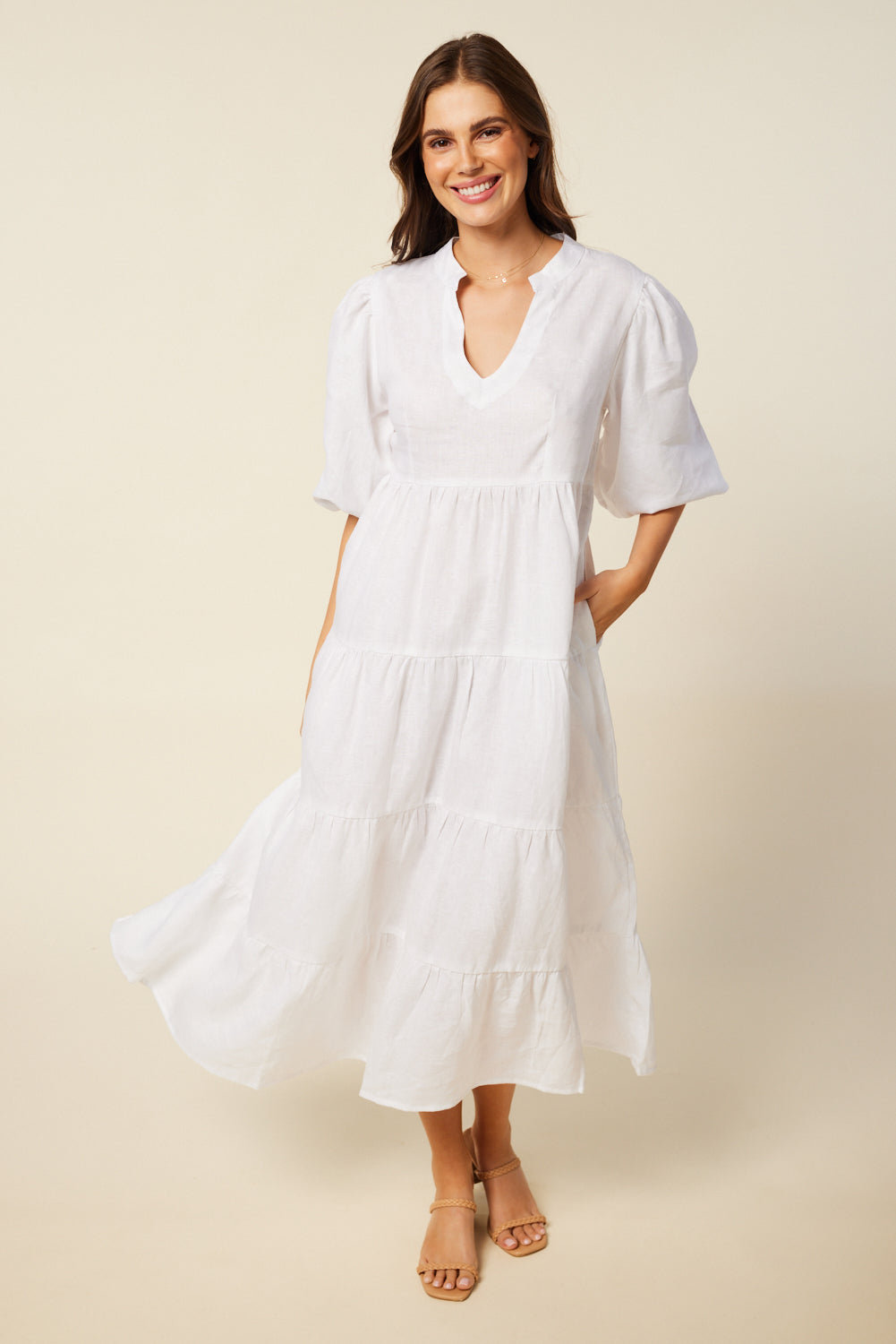 Sabre Linen V-Neck Dress in White — gallery