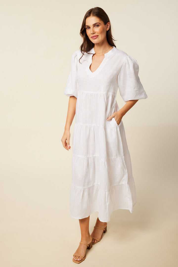 Sabre Linen V-Neck Dress in White — gallery