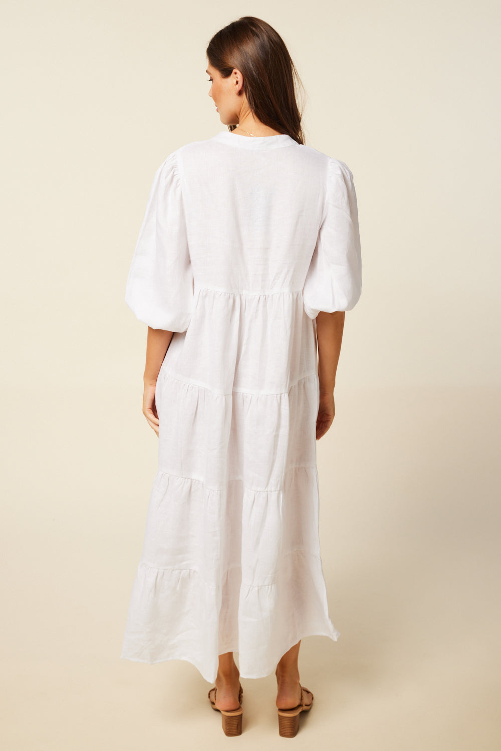 Sabre Linen V-Neck Dress in White — gallery
