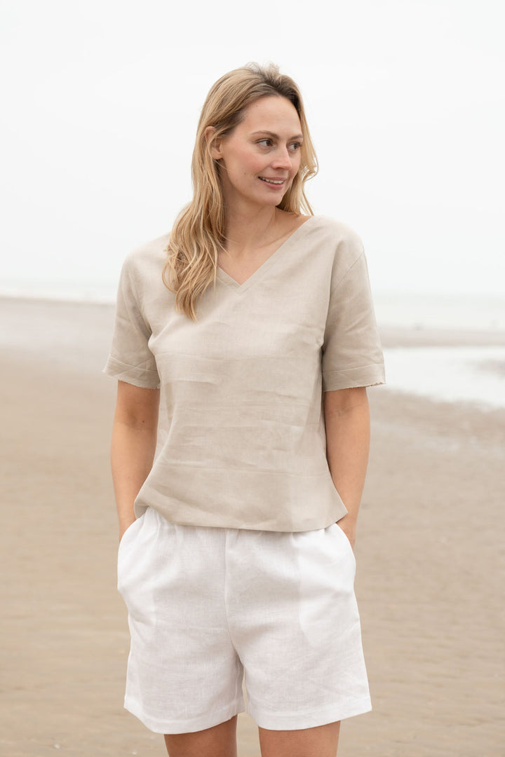 Sallie Linen Top | V-Neck Top — Natural