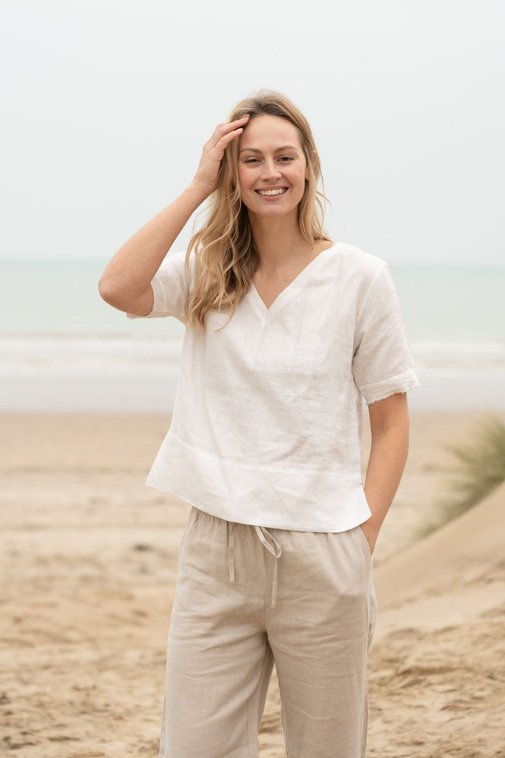 Sallie Linen Top for Women - Oyster White