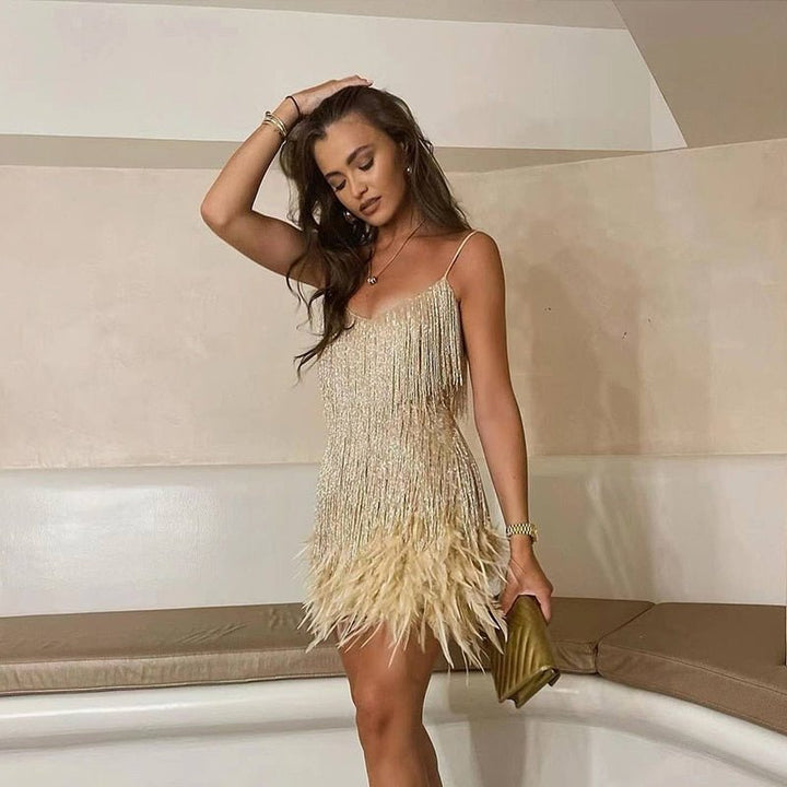 Elyssie Sequin Cocktail Dress with Feather Hem