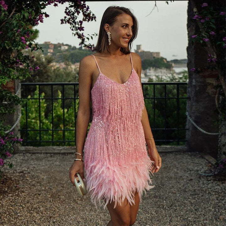 Elyssie Sequin Cocktail Dress with Feather Hem