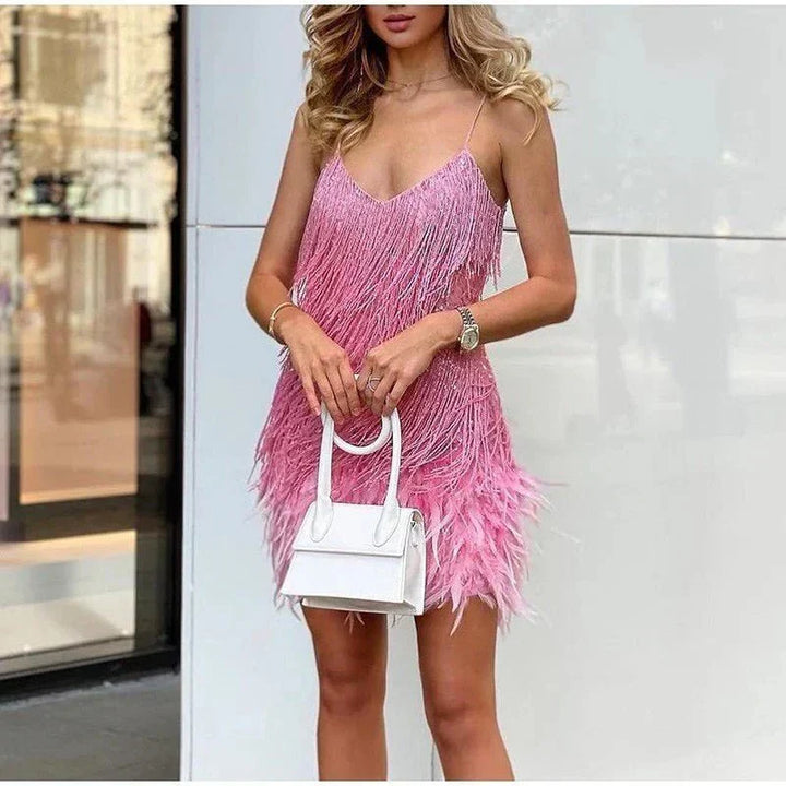 Elyssie Sequin Cocktail Dress with Feather Hem