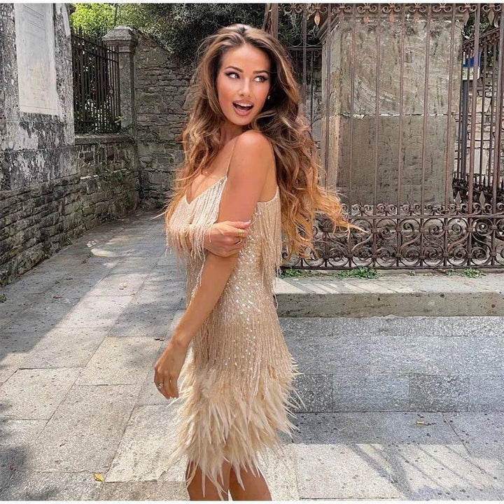 Elyssie Sequin Cocktail Dress with Feather Hem