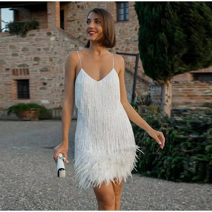 Elyssie Sequin Cocktail Dress with Feather Hem