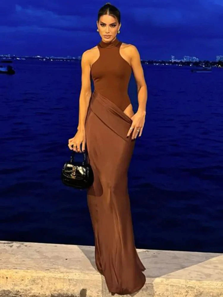 Satin Sexy Hollow Out Maxi Dress for Women - gallery