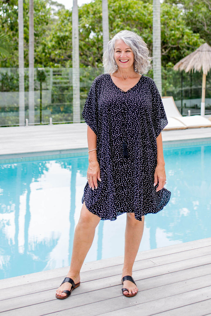 Short Kaftan Dress - Messy Polka Black — gallery