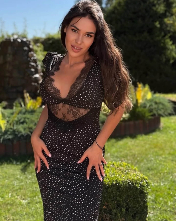 Puff Sleeve Lace Dress for Women - Brown