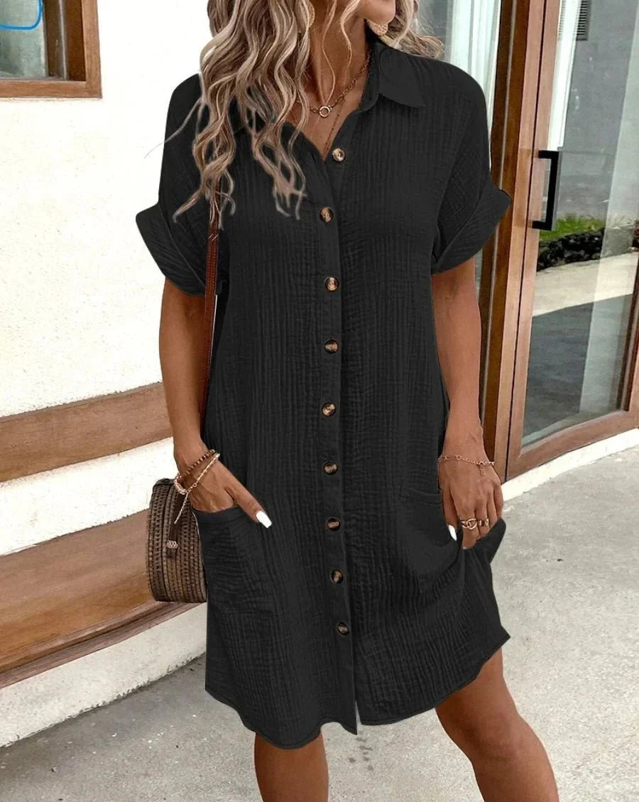 Polina Cotton Linen V-Neck Mini Dress for Women - gallery