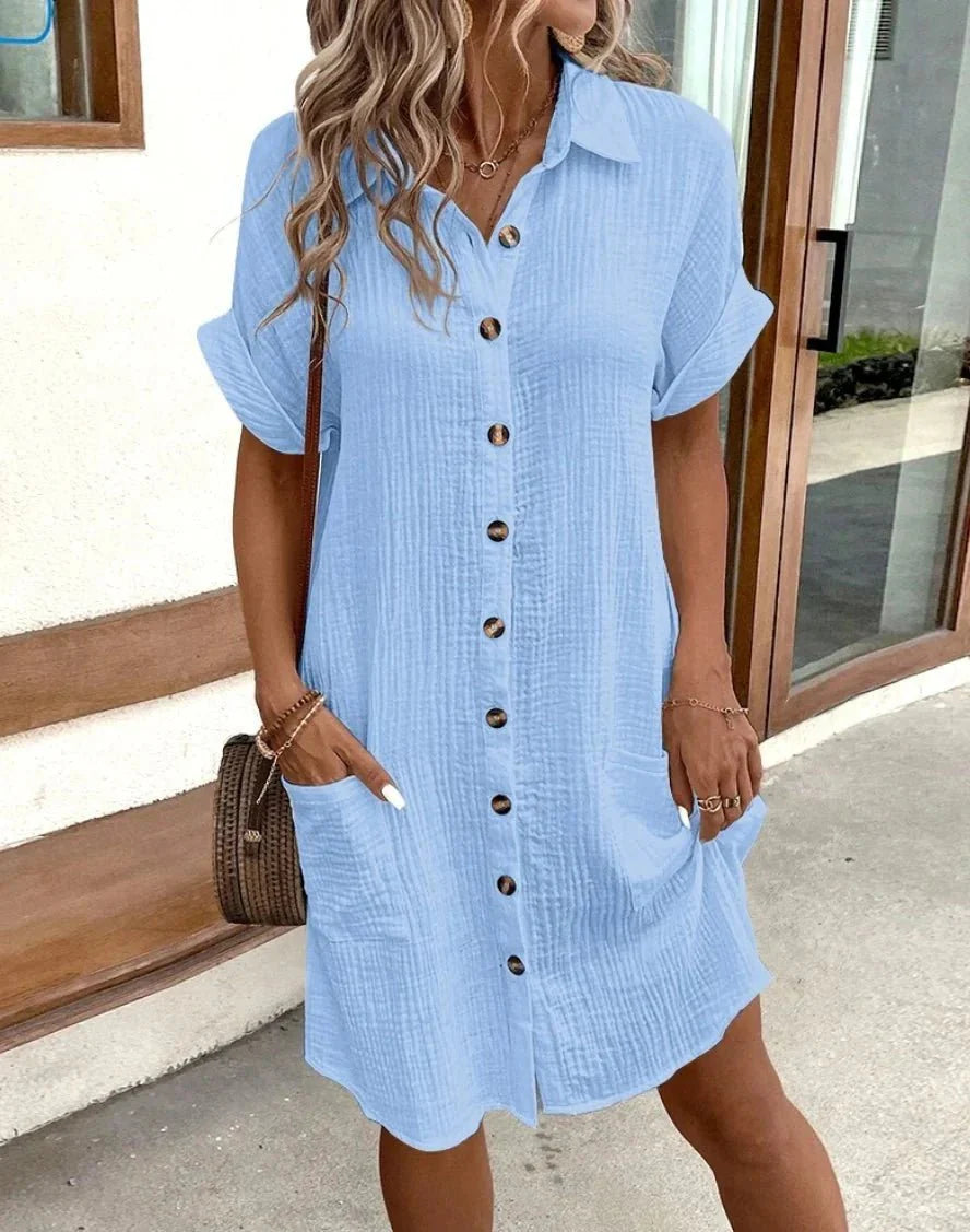 Polina Cotton Linen V-Neck Mini Dress for Women - gallery