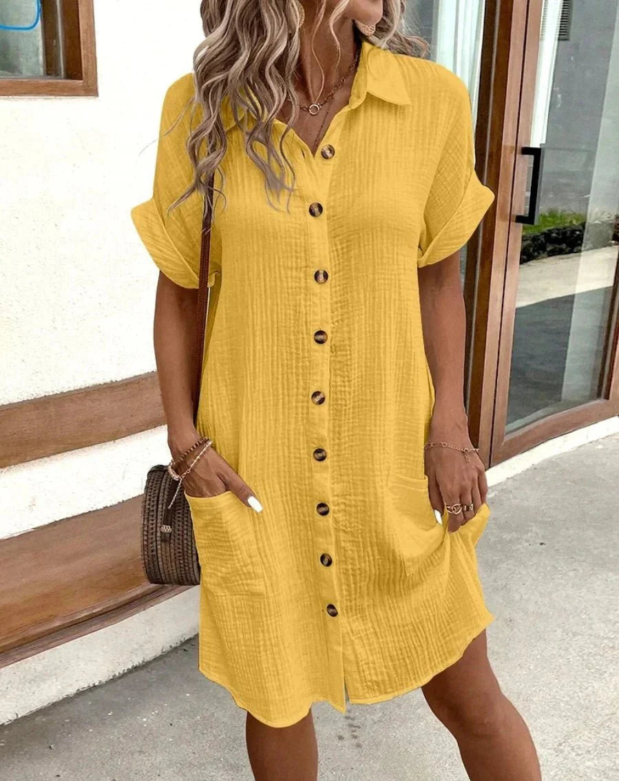 Polina Cotton Linen V-Neck Mini Dress for Women - gallery