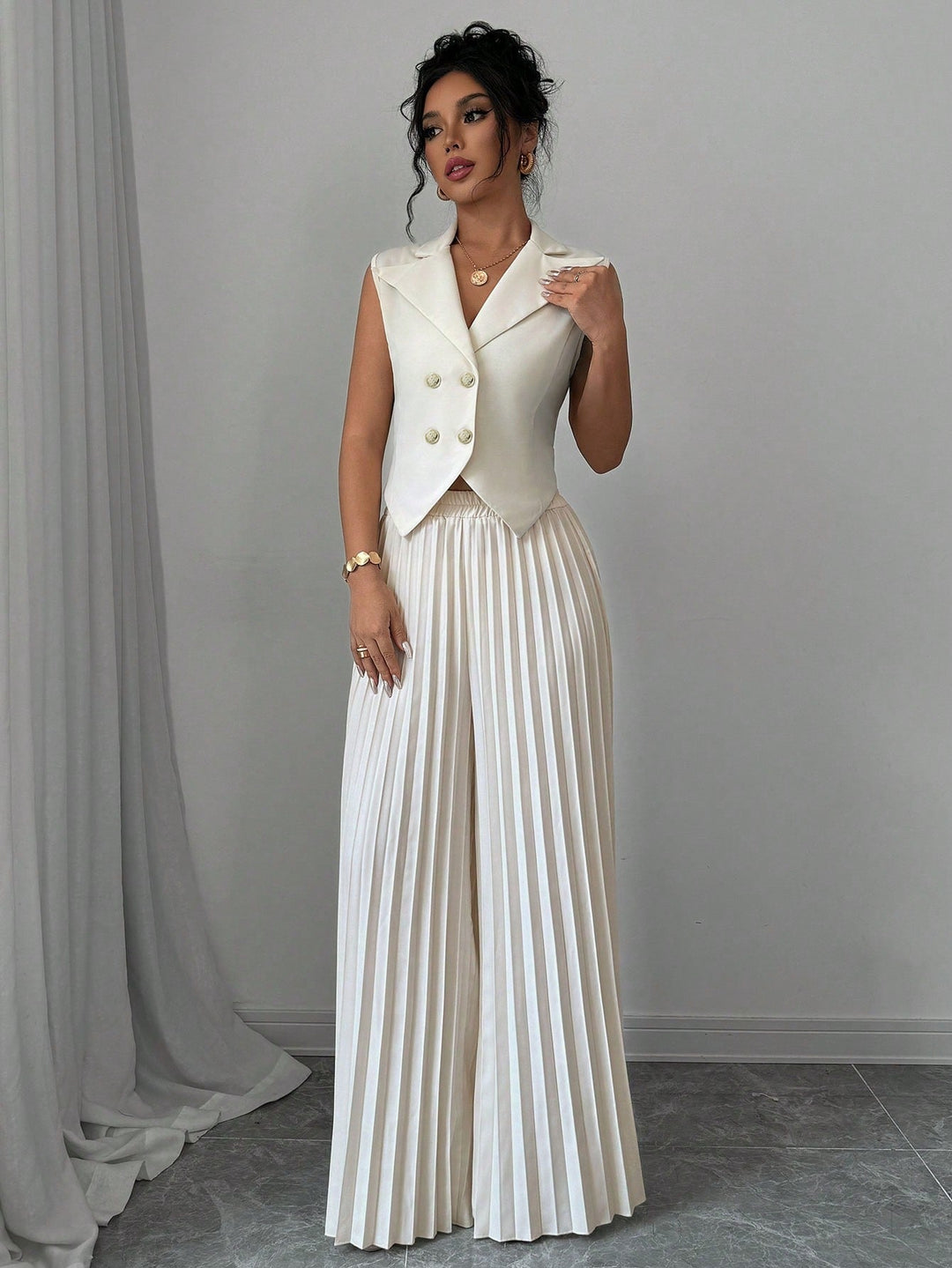 Solid Vest Blazer & Pleated Wide Leg Pants Trousers for Women