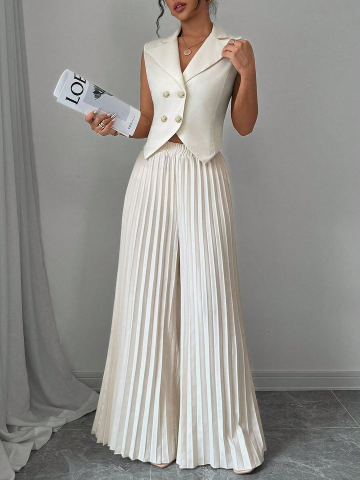 Solid Vest Blazer & Pleated Wide Leg Pants Trousers for Women - gallery