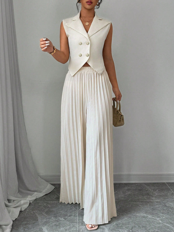 Solid Vest Blazer & Pleated Wide Leg Pants Trousers for Women - gallery