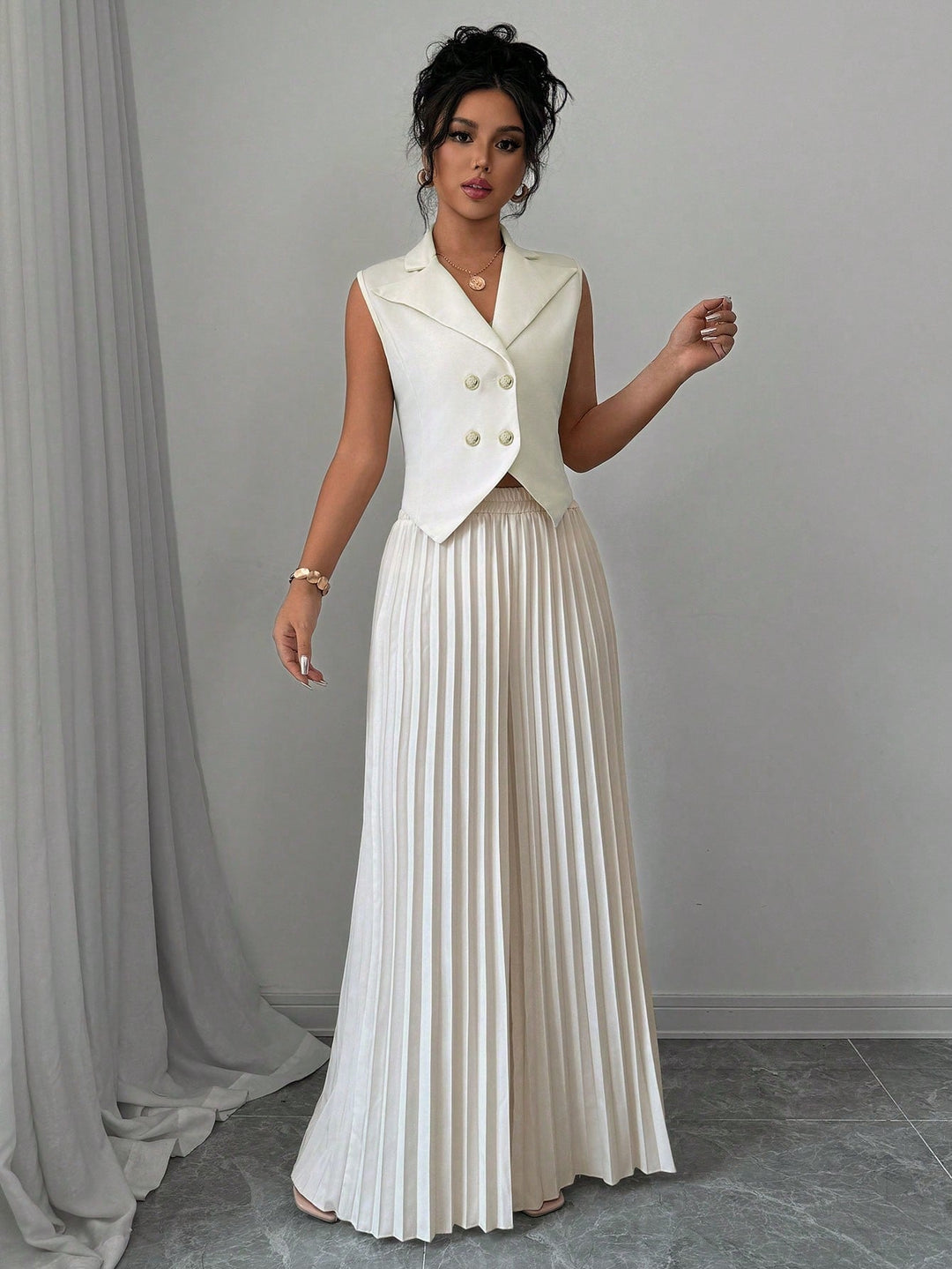 Solid Vest Blazer & Pleated Wide Leg Pants Trousers for Women - gallery