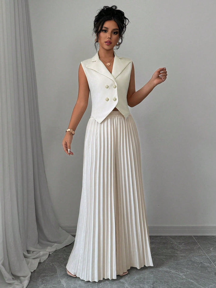 Solid Vest Blazer & Pleated Wide Leg Pants Trousers for Women - gallery