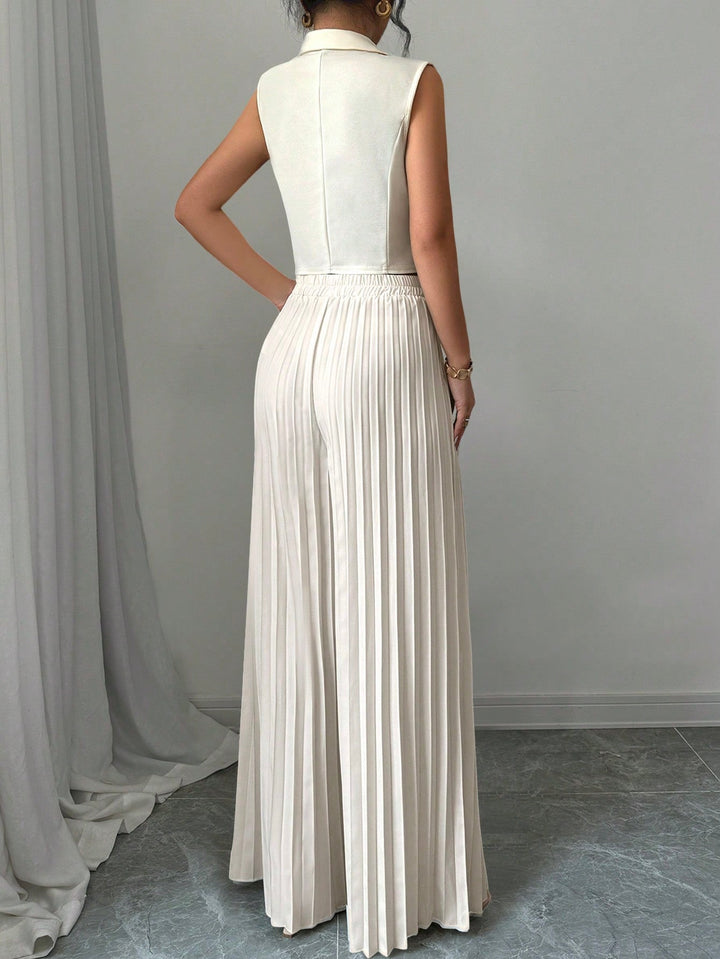 Solid Vest Blazer & Pleated Wide Leg Pants Trousers for Women - gallery