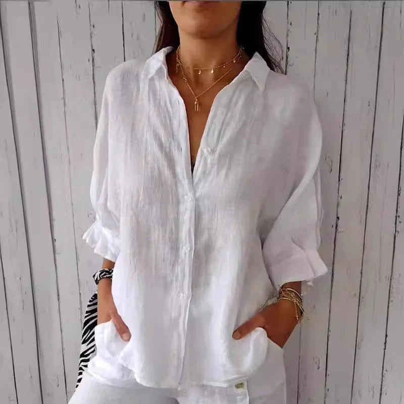 Loose-Fit V-Neck Blouse with Bow Tie and Roll Sleeves