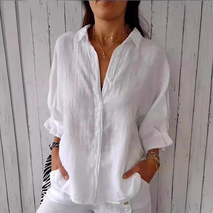 Loose-Fit V-Neck Blouse with Bow Tie and Roll Sleeves