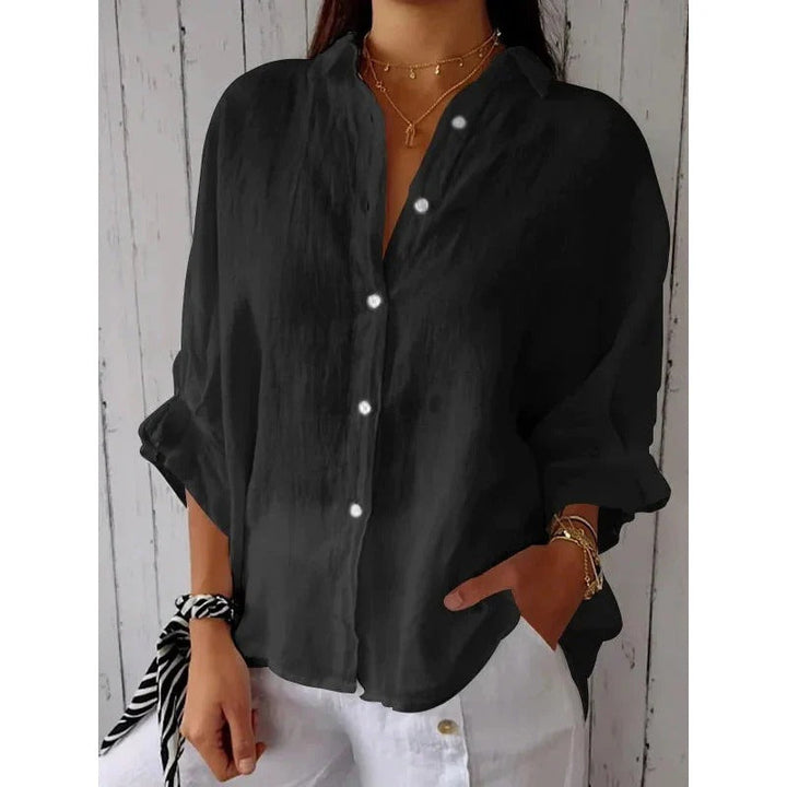 Loose-Fit V-Neck Blouse with Bow Tie and Roll Sleeves