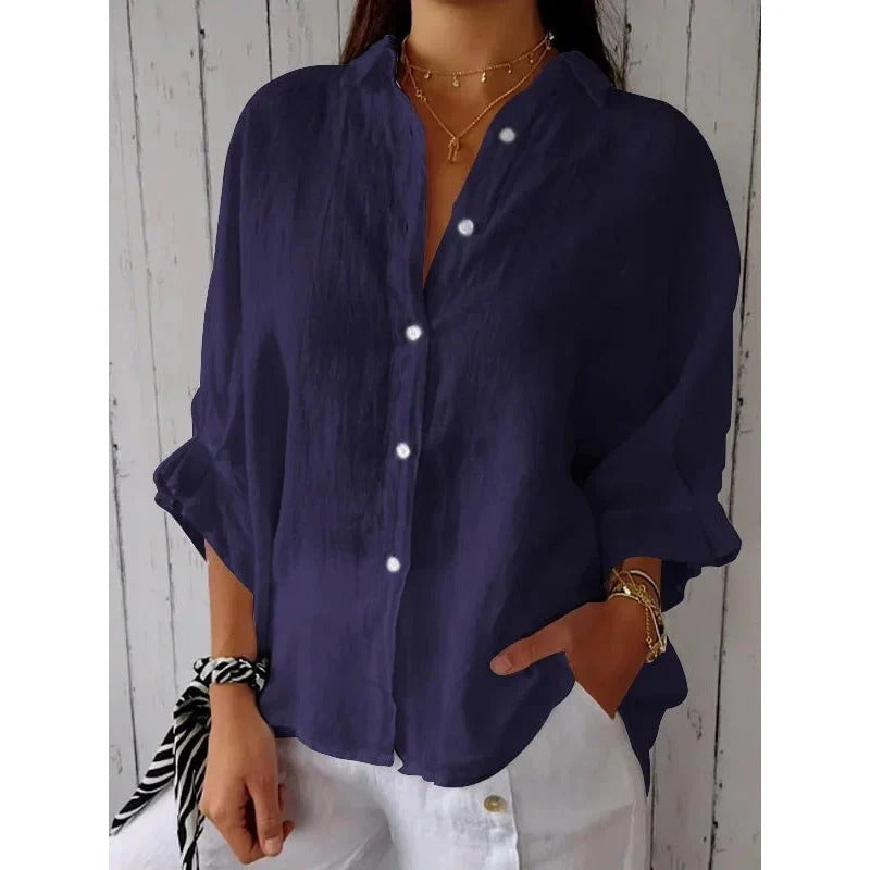 Loose-Fit V-Neck Blouse with Bow Tie and Roll Sleeves