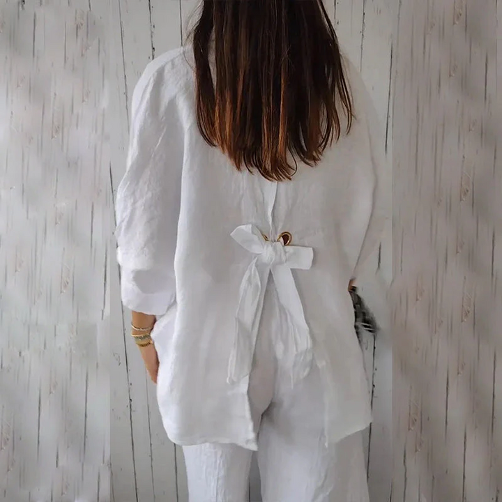 Loose-Fit V-Neck Blouse with Bow Tie and Roll Sleeves