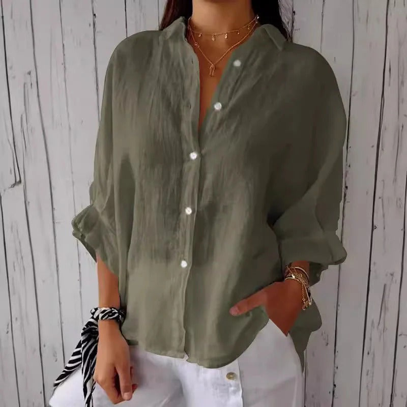 Loose-Fit V-Neck Blouse with Bow Tie and Roll Sleeves