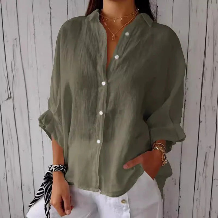 Loose-Fit V-Neck Blouse with Bow Tie and Roll Sleeves